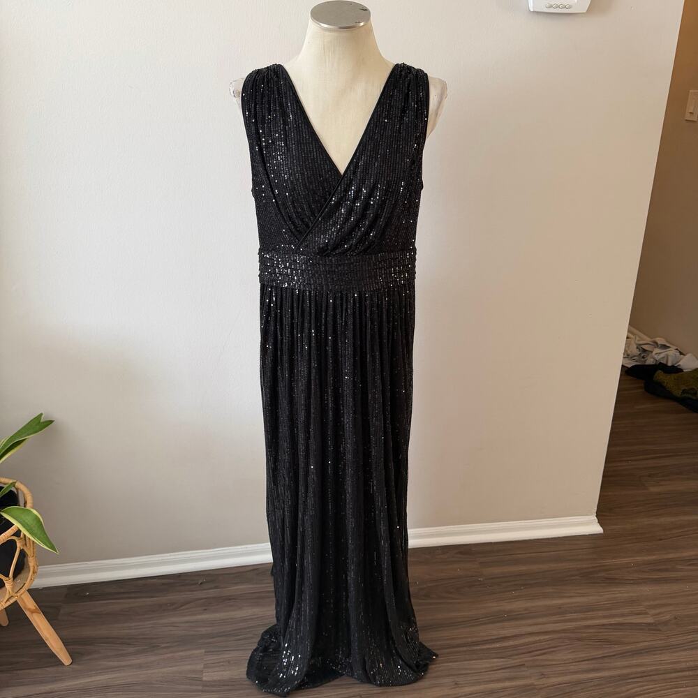 Kate Kasin Sequin Formal Dress Plus Sz 18 Black Sleeveless Maxi Holiday Glam